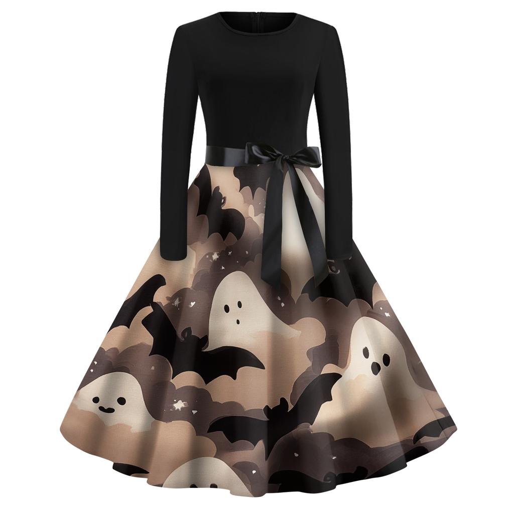 Women's Casual Vintage Halloween Print Dress Long Sleeve Round Neck A-Line Retro Style Midi Dress with Waist Tie for Seasonal Wear