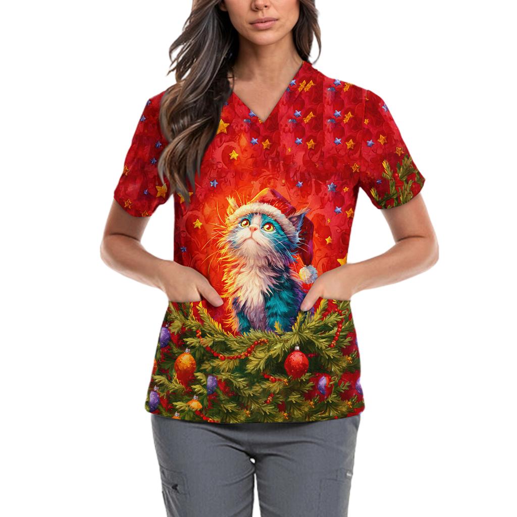 Женская милая блузка с принтом бантиков, рабочая одежда, V-образный вырез, двойной слой, карманы, базовая, с коротким рукавом, пуловер