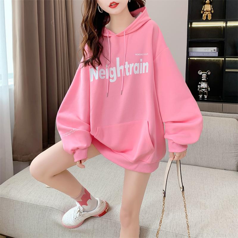 Women's Hooded Long Sleeve Oversized Casual Top Color Block Denim Splicing Letter Print Loose Fashion Hoodie Blouse
