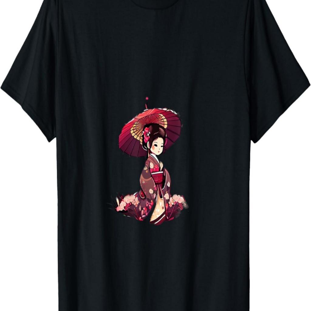Geisha cartoon girl with umbrella cherry blossom T-Shirt