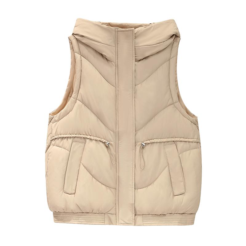 Women Autumn Winter Hooded Collar Sleeveless Solid Color Drawstring Warm Coat Vest