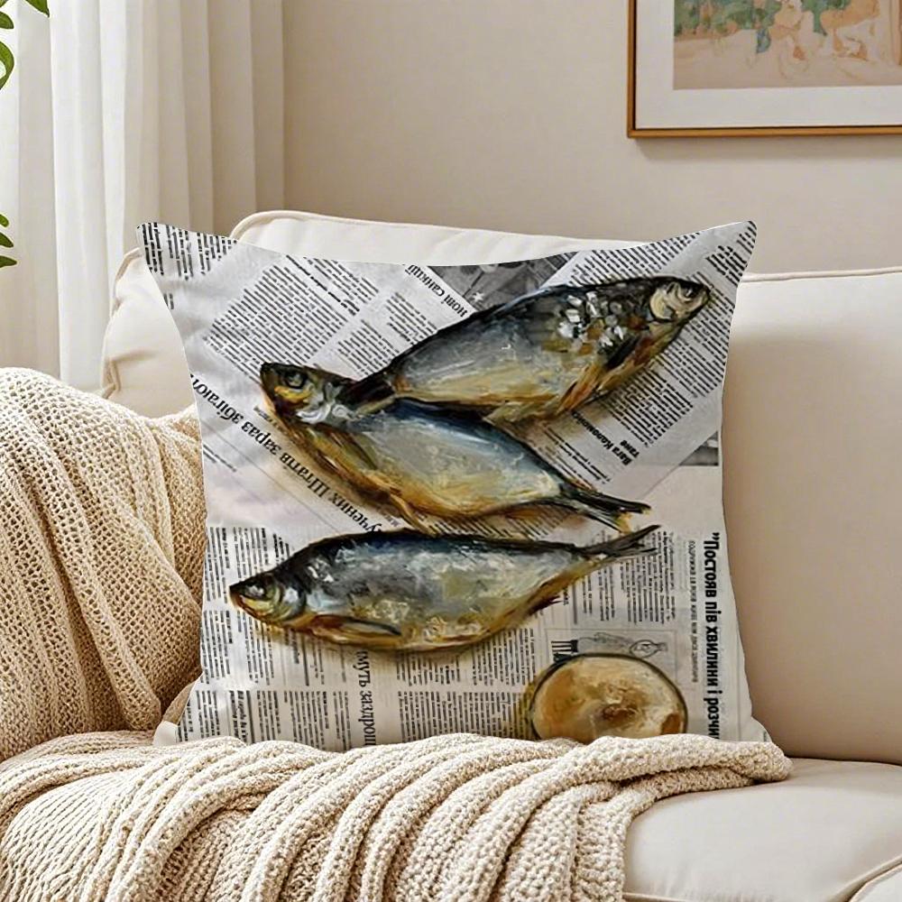 Colorful Sardine Lobster Pattern Art Cushion Cover Linen Pillowcase Soft for Sofa Bed Home Room Decor