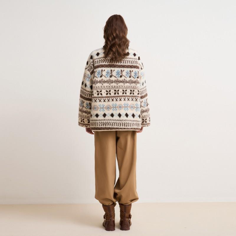 Womens Reversible Oversize Quilted Coat Fair Isle Print Fleece Jacket Winter Warm Outerwear