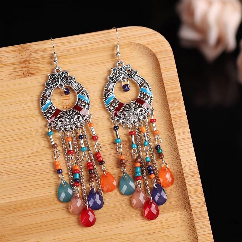 Nieuwe Vintage Zigeuner Etnische Waterdruppel Oorbellen Voor Vrouwen Boho Lange Acryl Kralen Kwast Oorbellen Bijoux Femme