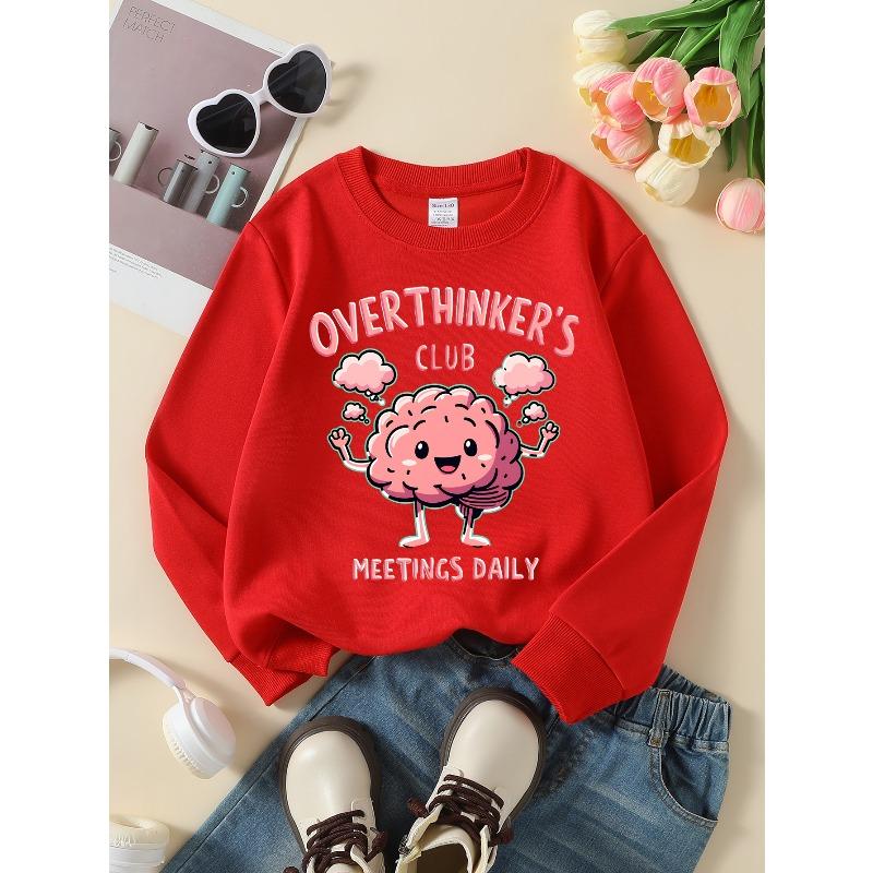 Kids Crewneck Long Sleeve Pullover Sweatshirt, Cute Brain Character With Thought Bubble Graphic Print