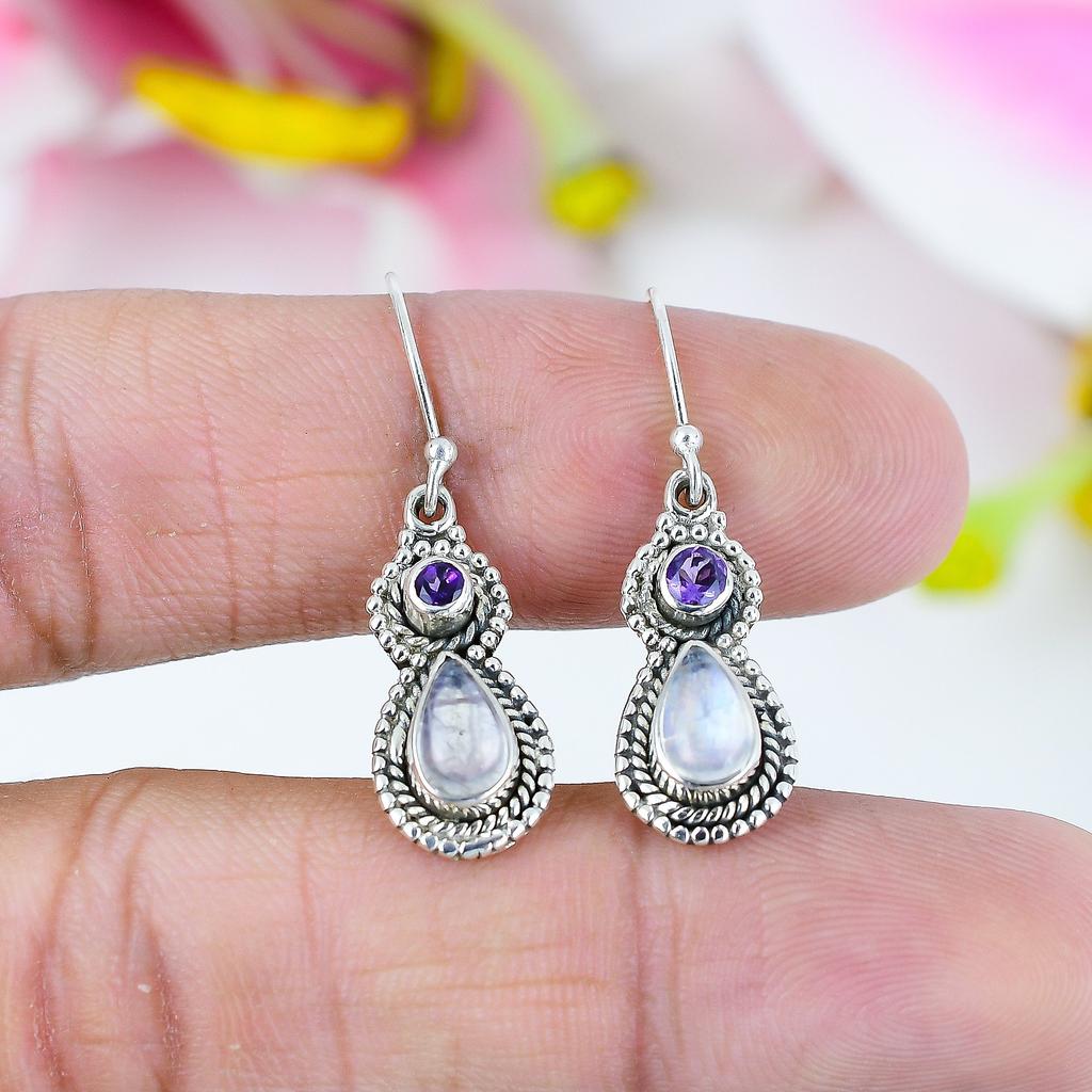 Natural Rainbow Moonstone, Amethyst 925 Solid Sterling Silver Earring 1.5" N1i42