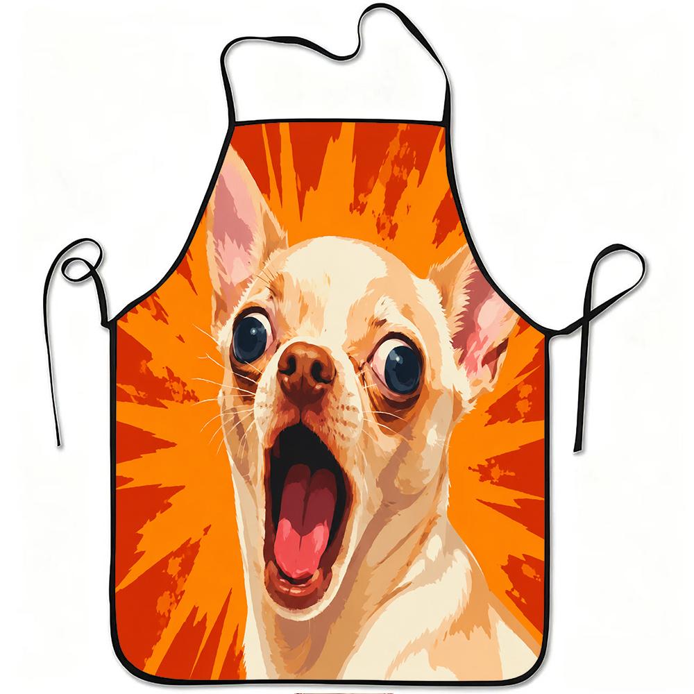 1pc Funny Surprised Chihuahua Dog Print Apron with Chihuahua Puppy - Adjustable Waistband, Durable & Easy-Clean Polyester Apron Suitable for Cooking,