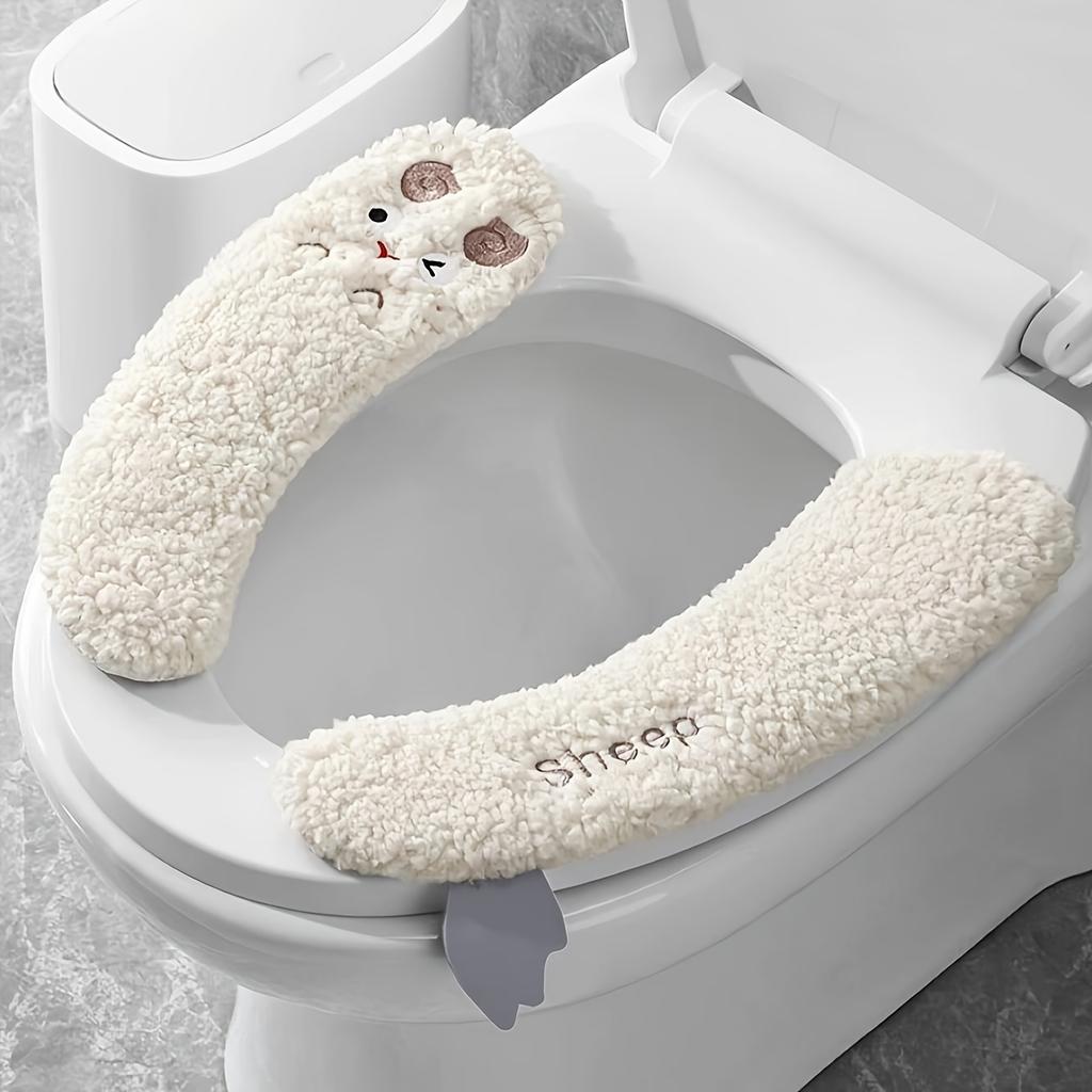 1 пара плюшевых чехлов на сиденье унитаза в форме овечек - Толстые, теплые, асептические, всесезонный комфорт, мягкий полиэстер, ручная стирка с клейкой основой