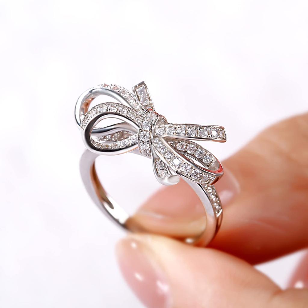 Jeulia Silver Bowknot Ring with Diamond and CZ Sparkling and Perfect for and Fashion Women's Engagement, Cute, Birthdays, Parties,