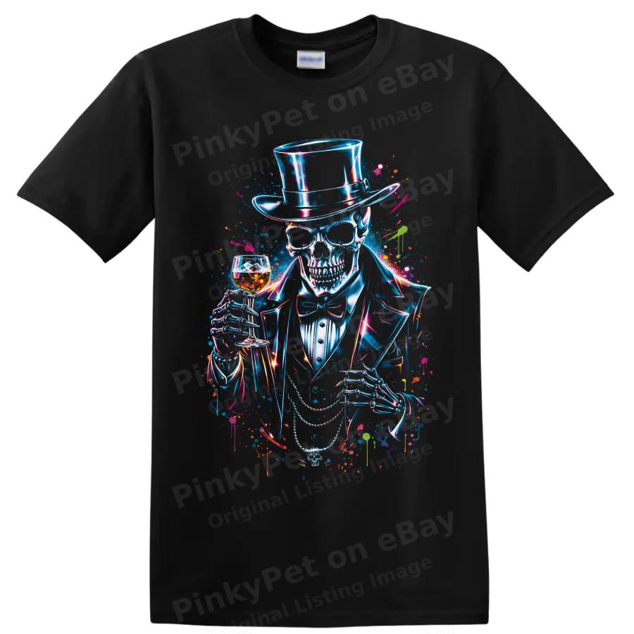Skeleton Gentleman T Shirt w Top Hat Whiskey Glass Neon Gothic Art Style Tee