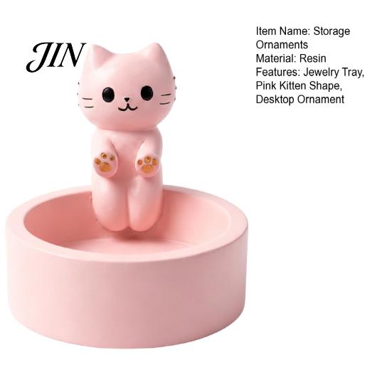 Jewelry Organizer with Deep Plate Cute Cat Storage Tray, Slot, Pink Matte Resin Decorative Ornament, for Dressing Table And Keys Ring Necklace Tray