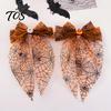 Spring Clip Hair Accessory Halloween Spider Web Bow Clip, Pumpkin Eyeball Tulle with Long Tails, Women Accessories for Holiday Party