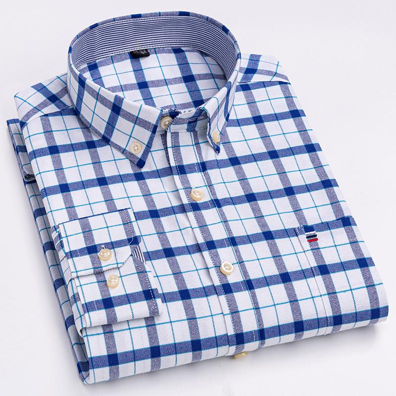 100% Cotton Men's Oxford Shirts Long Sleeve Casual Plaid Soft Regular Fit Formal Dress Shirt Social Blouse Male Clothes 7XL 6XL