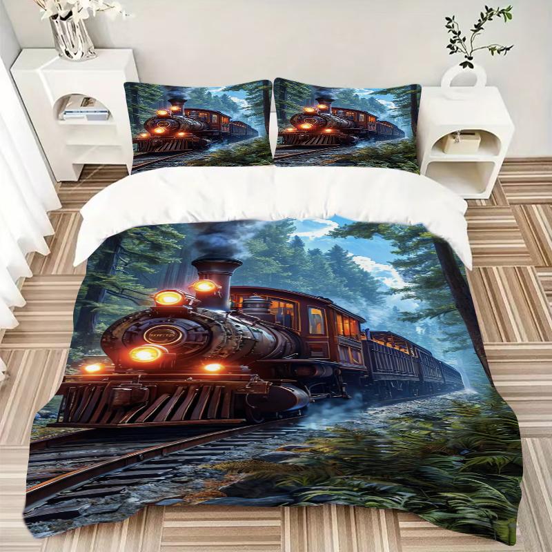 3Pcs Steam Train Journey Bedding Set Quilt Cover Pillowcase Home Christmas Xmas Halloween Gift 1 Duvet Cover 2 Pillowcase M928402
