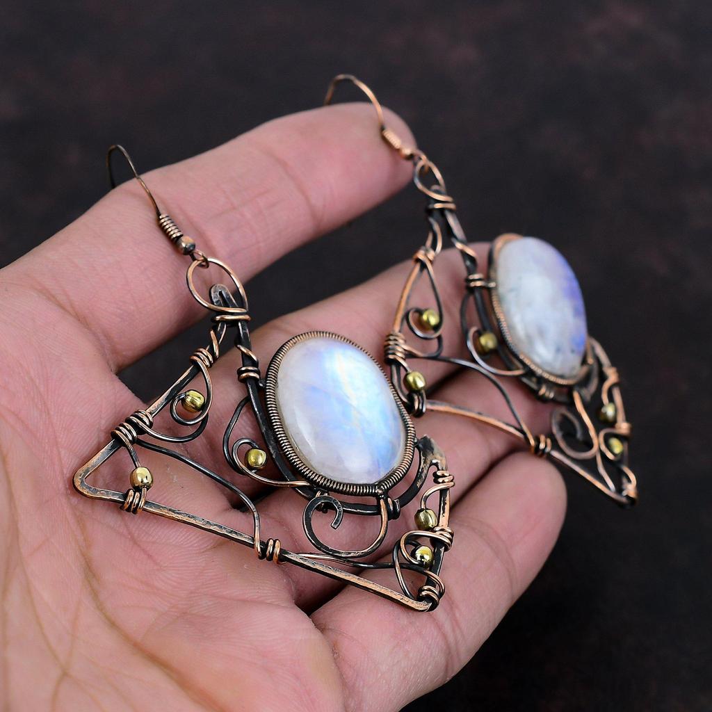 Серьги с радужным лунным камнем, серьги с медной проволокой, серьги ручной работы, ювелирные изделия с проволочной оберткой, серьги с настоящими драгоценными камнями, медные украшения, подарок для нее