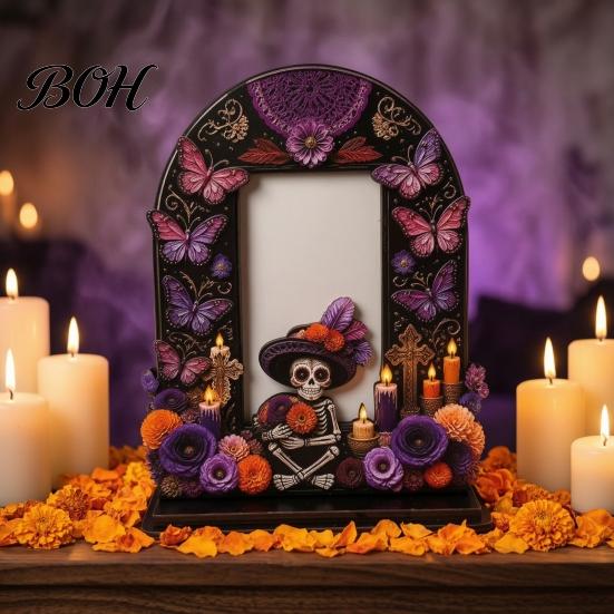 Unique Festival Gift Ideas Dia De Los Muertos Wooden Photo Frame Tabletop Decor, Day of The Dead Sugar Skull Ornaments Memorial Picture Holder