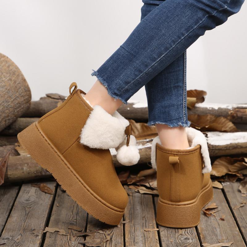Мягкие Толстая Подошва Пушистые Зимние Ботинки Женские 2025 Зимние Массивная Платформа Пушистый Мех Ботильоны Симпатичный Плюшевый Помпон Бант Хлопковая Обувь