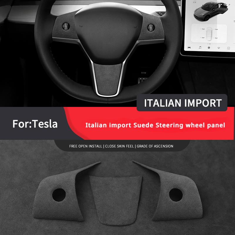 Steering Wheel Cover Sticker for Tesla Model 3 Model Y 2023 Car Panel Trim Frame Made of Italy Super Suede Leather Car Accessory