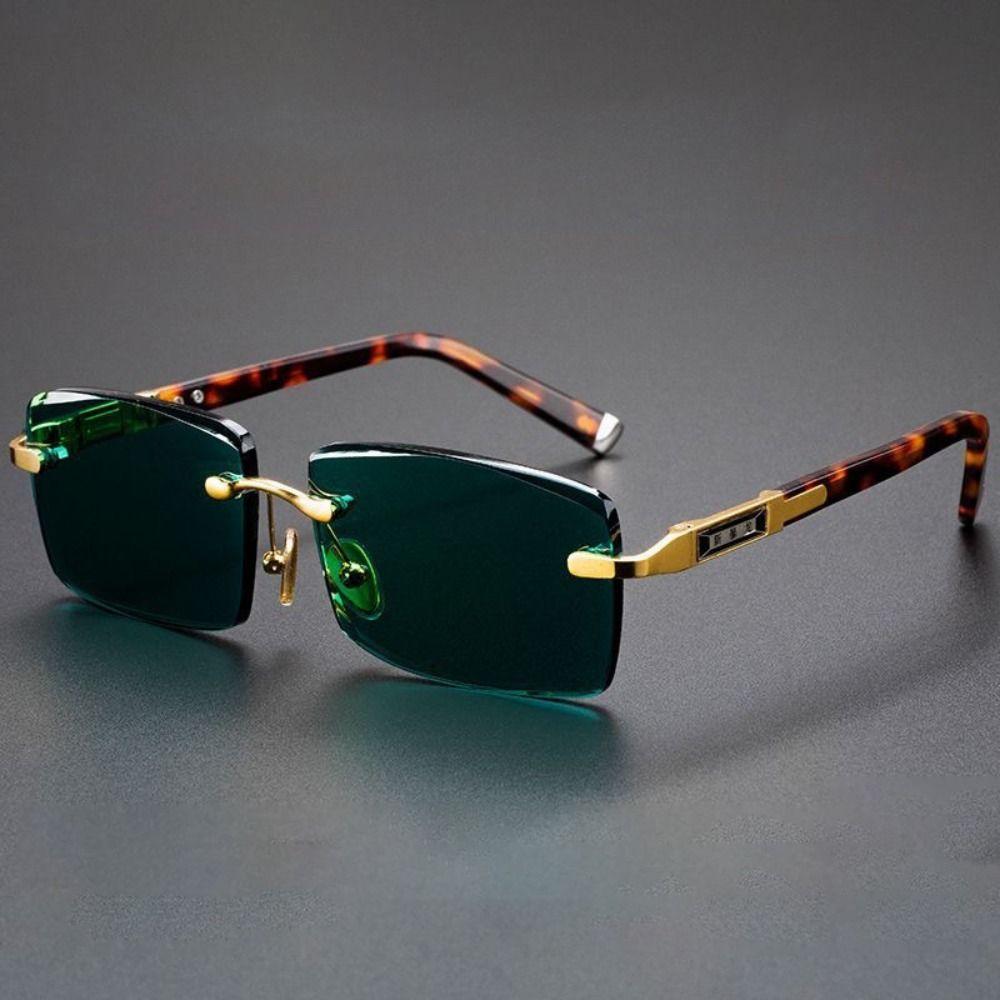 Frameless Men'S Sunglasses Green Crystal Stone Leopard Print Cycling Goggles Black Shades Metal Driving Glasses