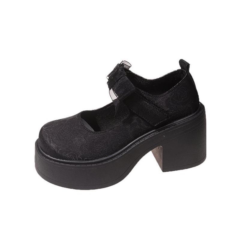 Chinese Style Mary Jane Shoes Women's Platform Lace Bow Round Head Chunky Heel Pumps