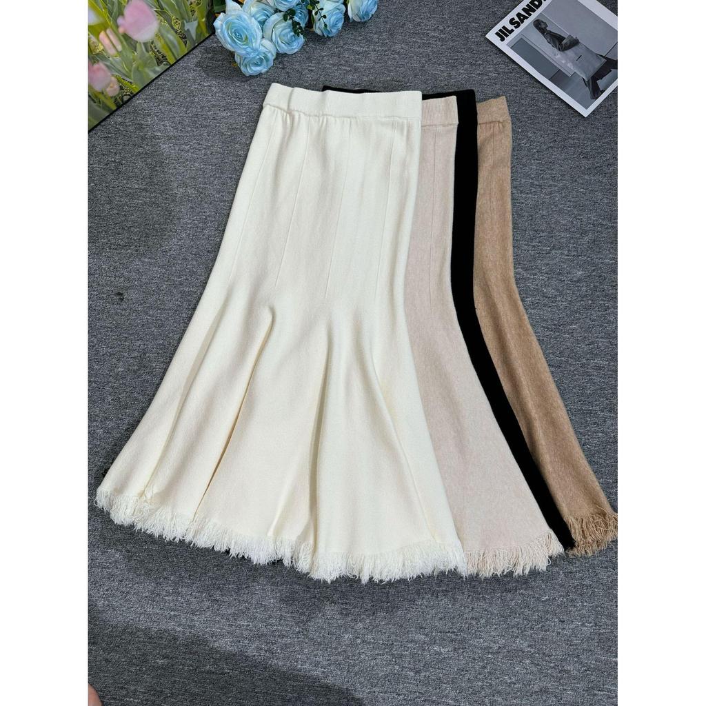 Qooth осень-зима вязаная элегантная юбка-труба для женщин с высокой талией и кисточками средней длины QT2507