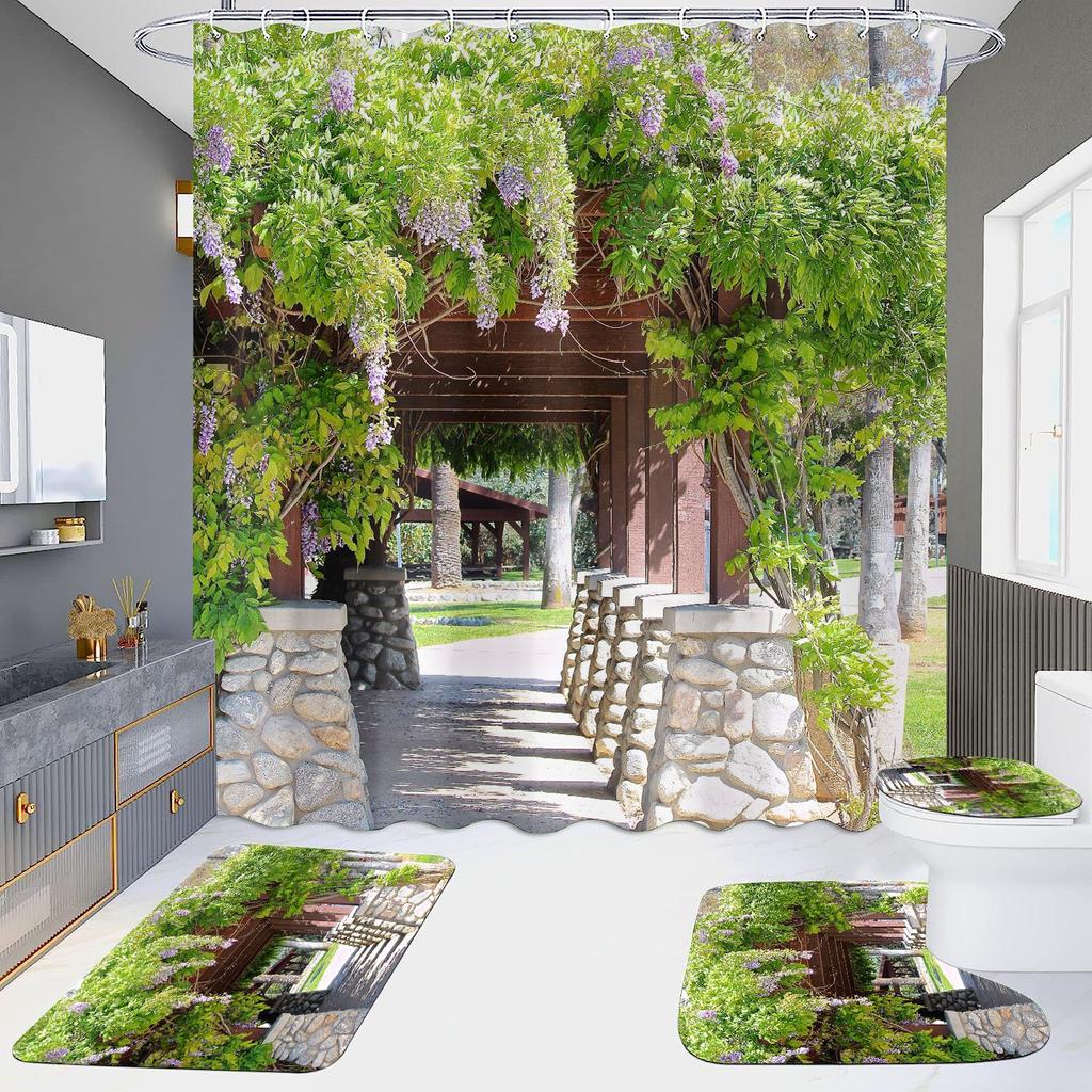 4 шт., наборы занавесок для душа в европейском стиле с архитектурой замка Мандала для ванной комнаты, нескользящие коврики для ванной комнаты, крышка для унитаза, коврик для ванной