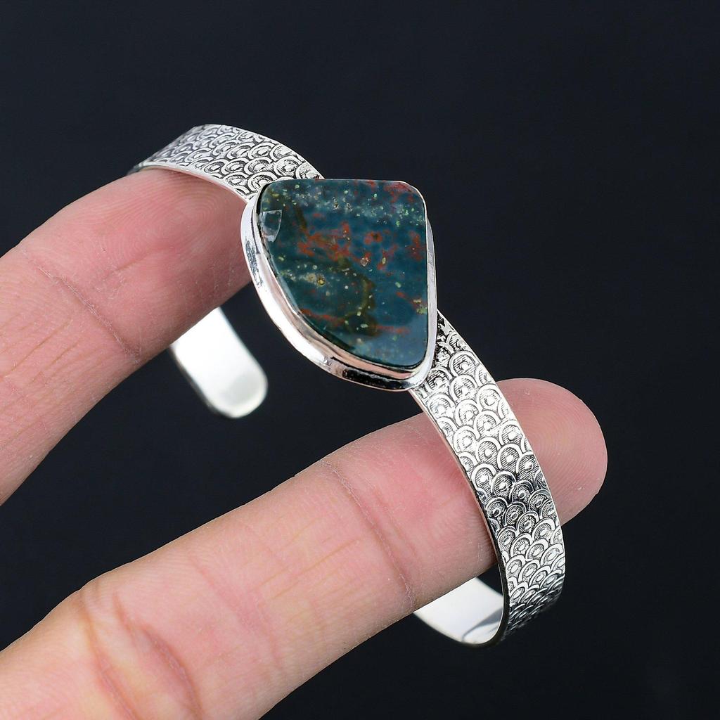 Серебро 925 пробы Браслет-манжета в стиле Бохо с камнем Кровавик (Bloodstone) для рожденных в марте, ручная работа, авторский