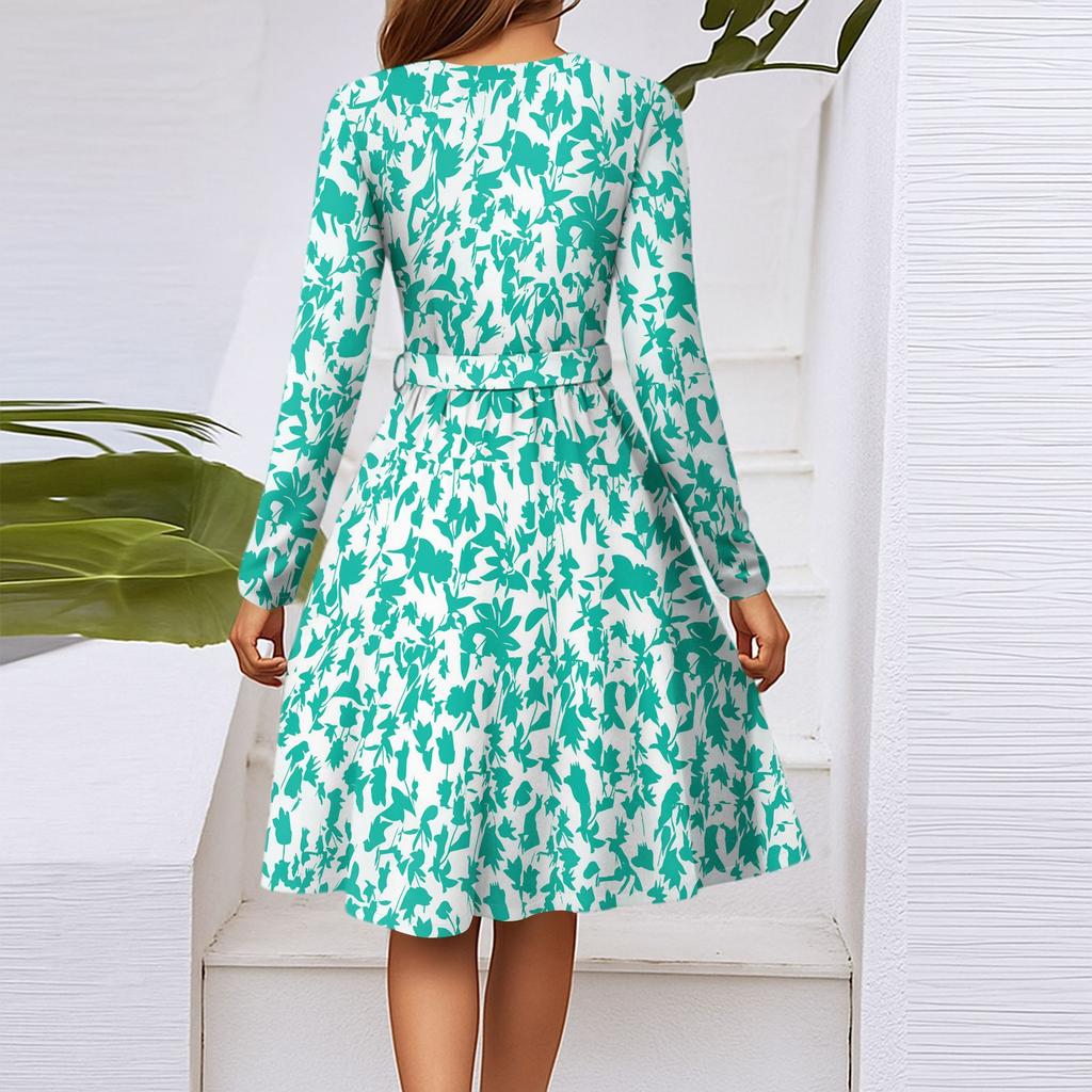 Women's Fashion Casual V-Neck Long Sleeve Waist Floral Print Midi Dress