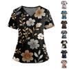 Ladies' Fashionable Floral Print V-neck Double Pocket Short Sleeved Shirt With Slit Hem And Protective Worker's Top