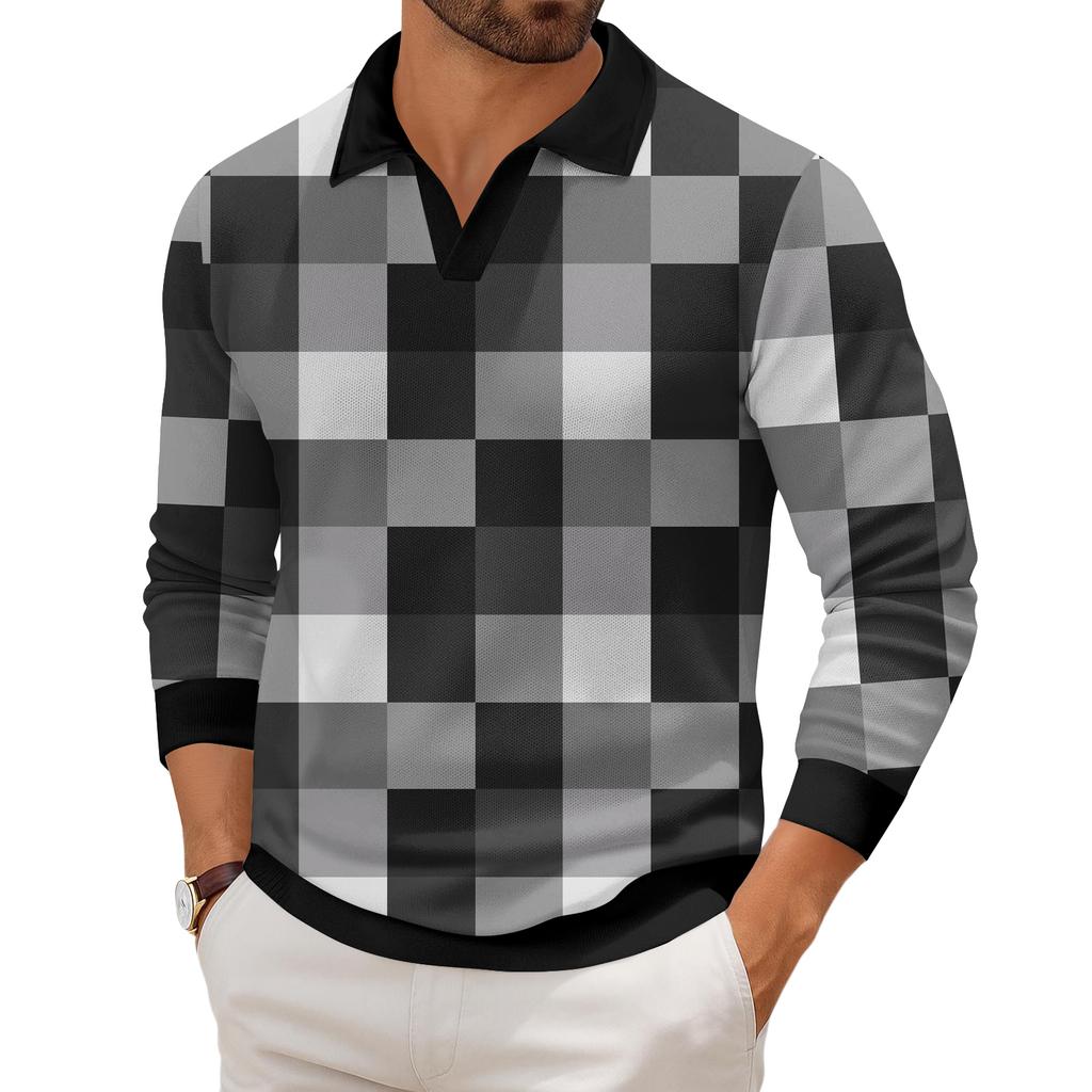 Мужская повседневная модная трикотажная рубашка с длинным рукавом и принтом на лацкане