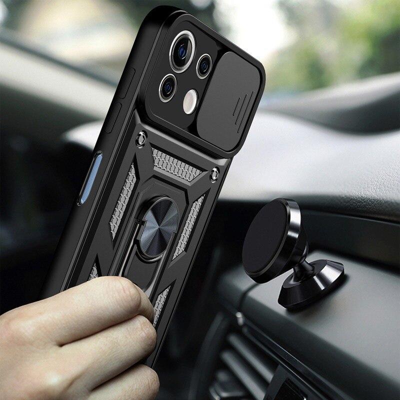 Luxury Sliding Lens Protection Armor Case For iPhone Samsung Huawei Xiaomi Redmi Magnetic Ring Shockproof Cover