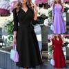 Women's Slim Fit Solid Color V-Neck Tie Waist Side Zippered Waist Three-quarter Sleeve Dress