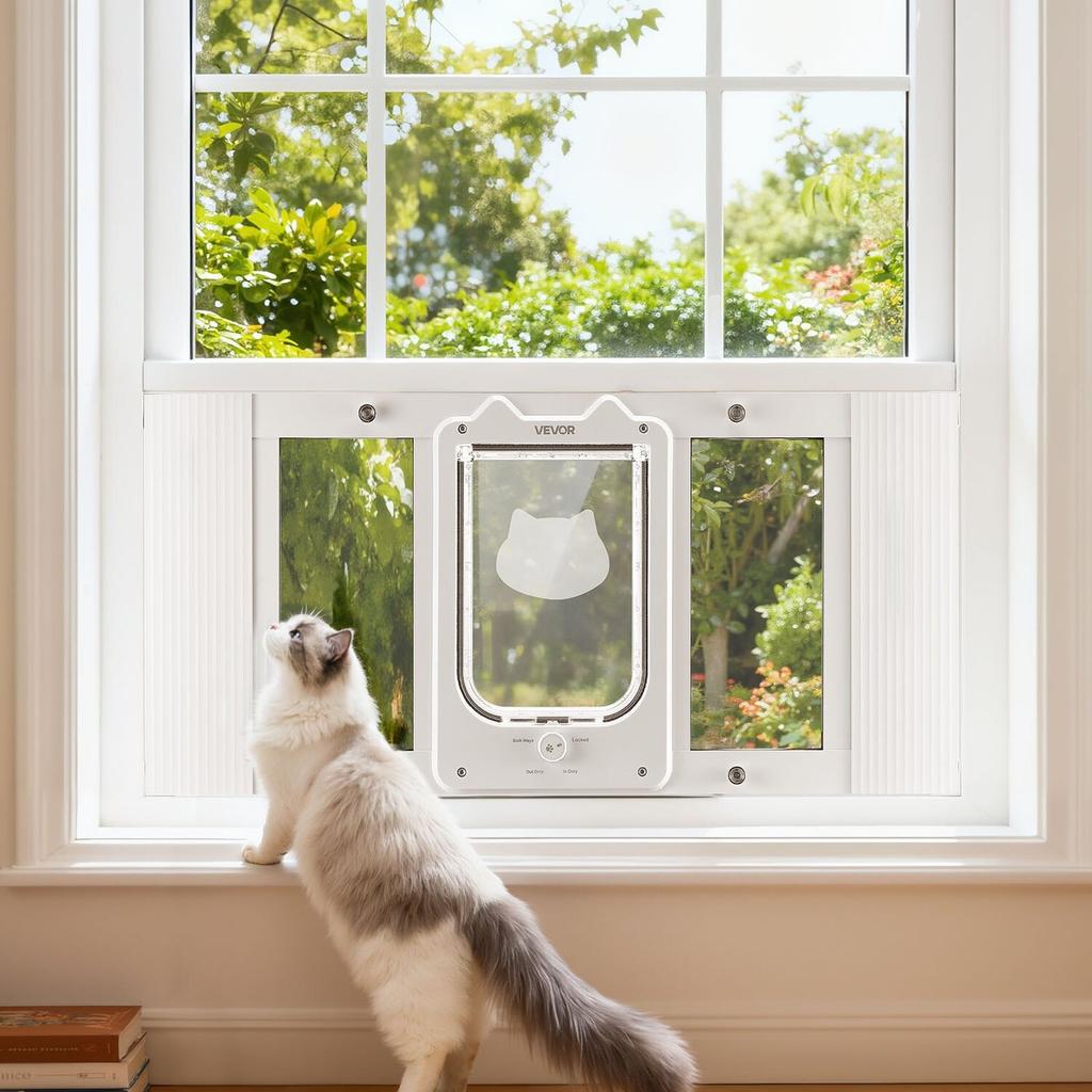 Cat Door for Window, Adjustable to Fit Window Width 686-813 mm, 4 Secure Lock Modes, Aluminum Frame and High-Transparency Glass, Magnetic Closure,