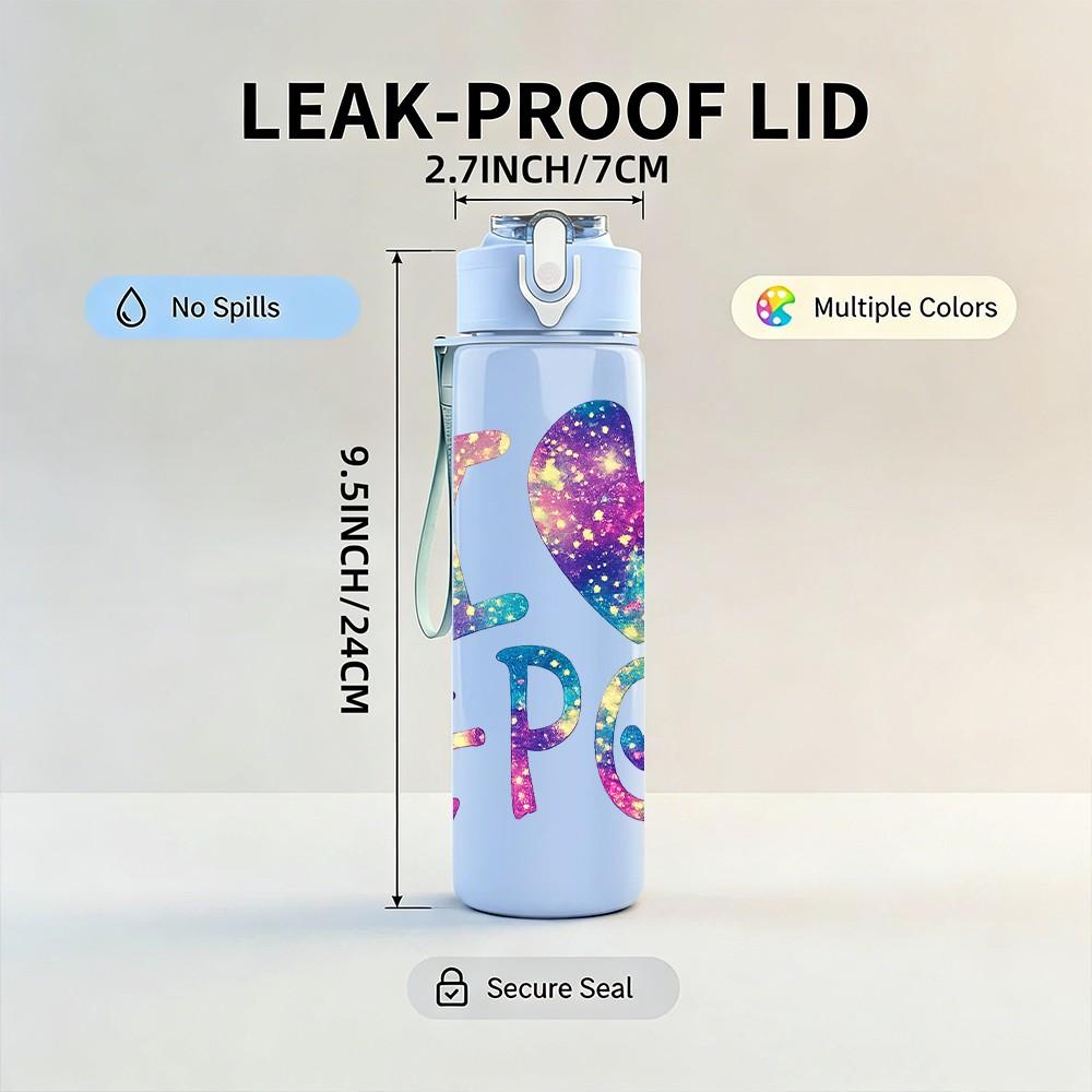 1PC I Love K Pop Heart Letter Slogan Print 750ml Color Plastic Sports Water Bottle Leakproof Flip Straw Lid Suitable for Sports Office Home Use