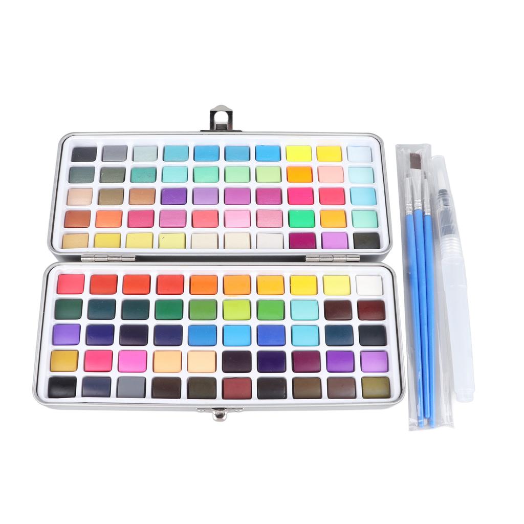 100 Colors Watercolor Paint Set Portable Iron Box Watercolor Paint Kit with 3 Brushes for Kids