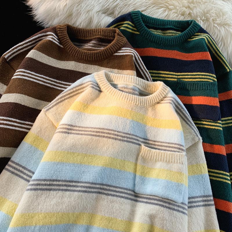 Контрастная полосатая шерстяная одежда для мужчин на осень и зиму, свободные свитера с круглым вырезом в стиле Гонконга, модные ретро-свитера в стиле кэжуал