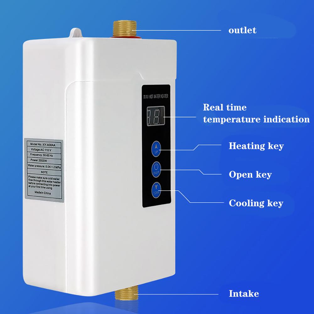 3000W Electric Tankless Instant Hot Water Heater Kitchen Bathroom Shower Sink Tap Thermostat with LED Temperature Display