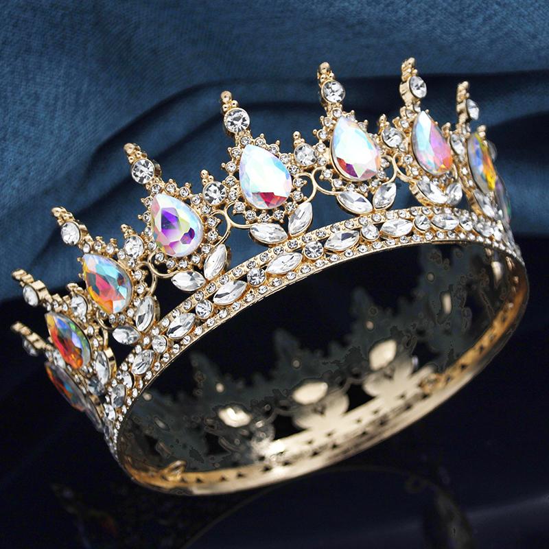Baroque Round Crown for Bridal Wedding Royal Queen King Tiara Birthday Party Performance Head Accessories Diadem Jewelry
