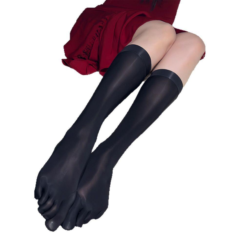 Silky Red Toe Socks with Five Fingers - Shiny Horse Oil Mid-Calf Stockings, 8D Glossy, Thin & Sexy for Summer