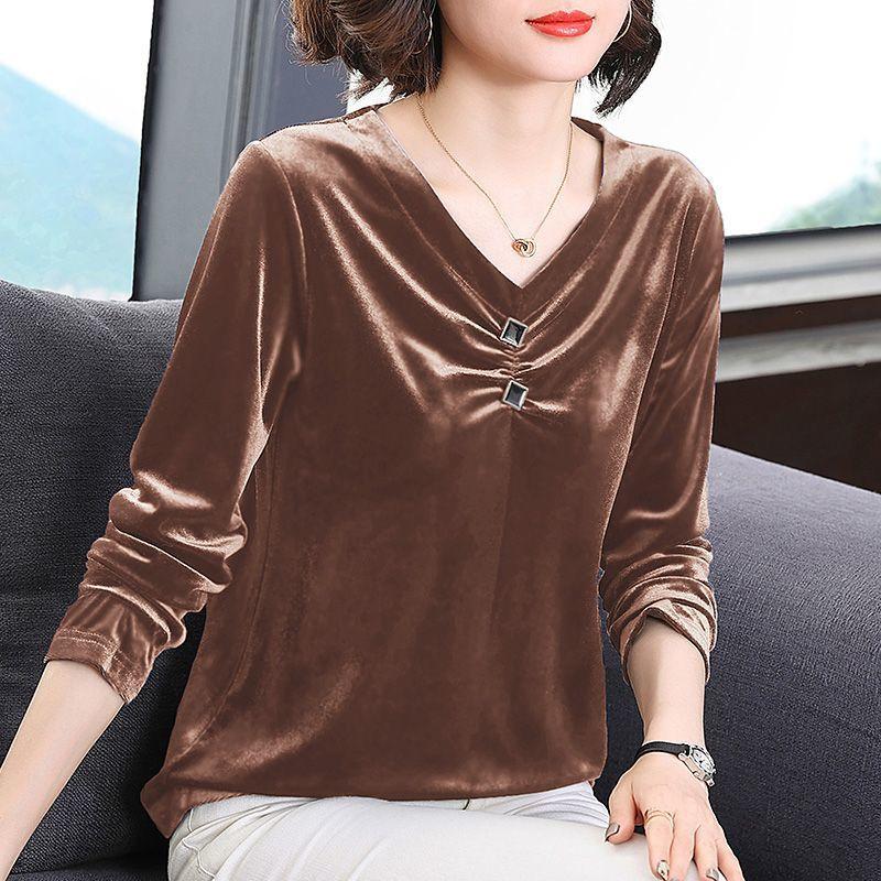 Бархатный воротник Топ Женский Осень Зима Средний возраст Мама Рубашка с длинным рукавом Большой размер Нижнее белье Базовый слой