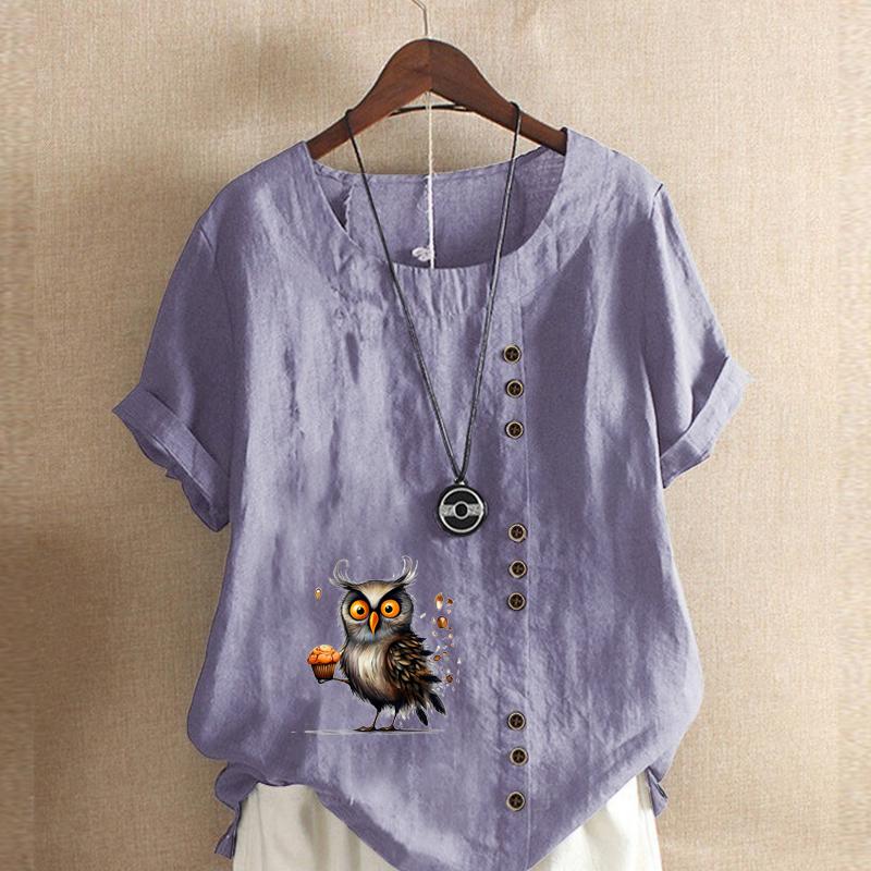Women's Fashion Owl Prined Short Sleeve T-shirt Loose Cotton Shirt Casual Loose Summer Blouse Tops Plus Size
