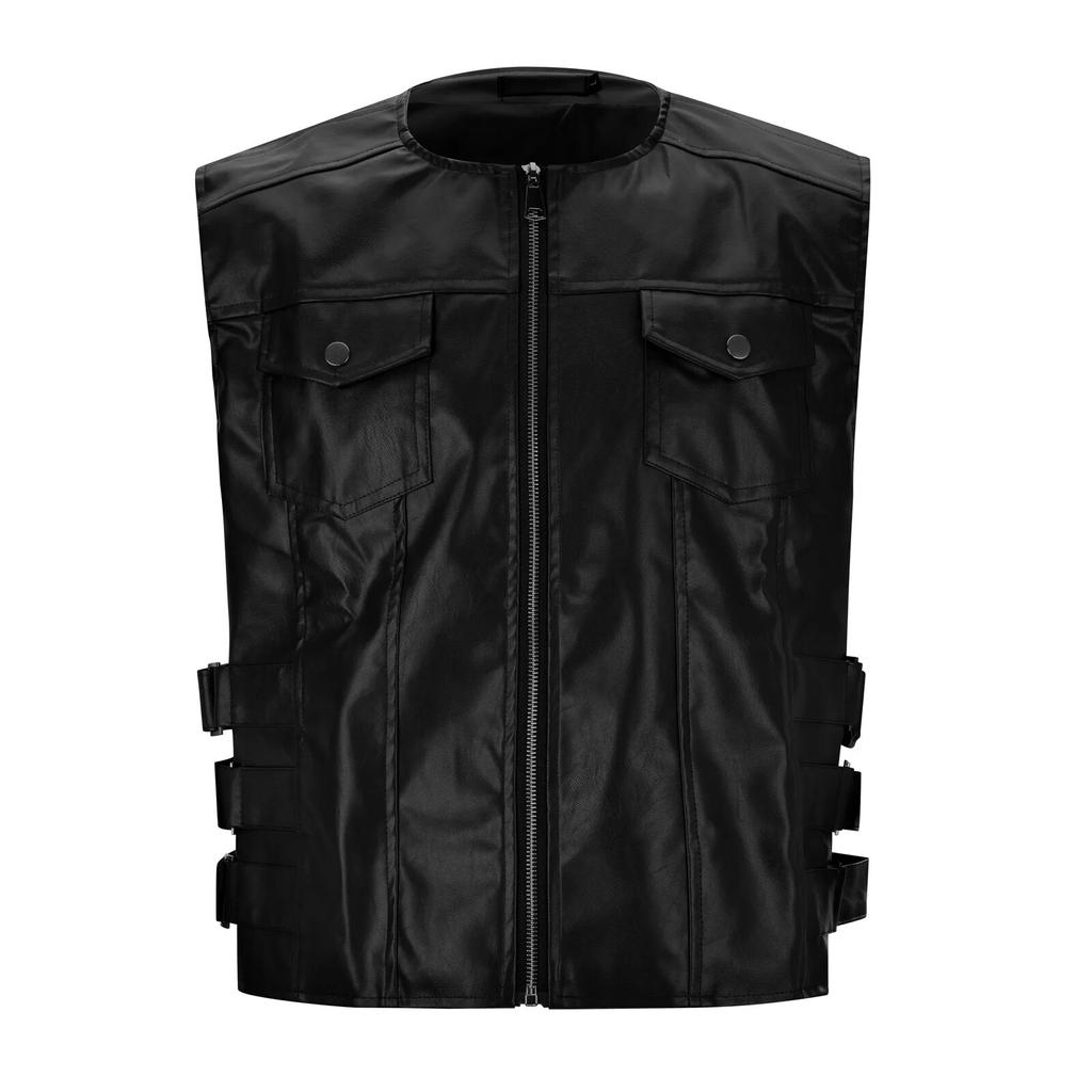 Men Punk Leather Vest Gothic Side Hollow Out Motorcycle Zipper Jacket Performance Costume Sleeveless Loose Waistcoat Winter Coat