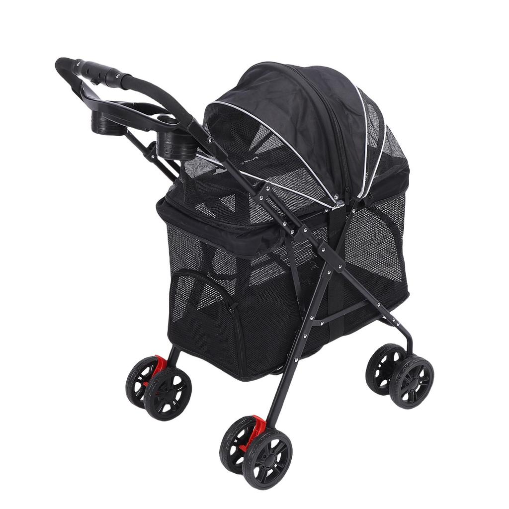 Pet Stroller One Click Folding Cat Stroller 4 Wheels Dog Wagon with Sun Shades and Cup Holder for Travel Black