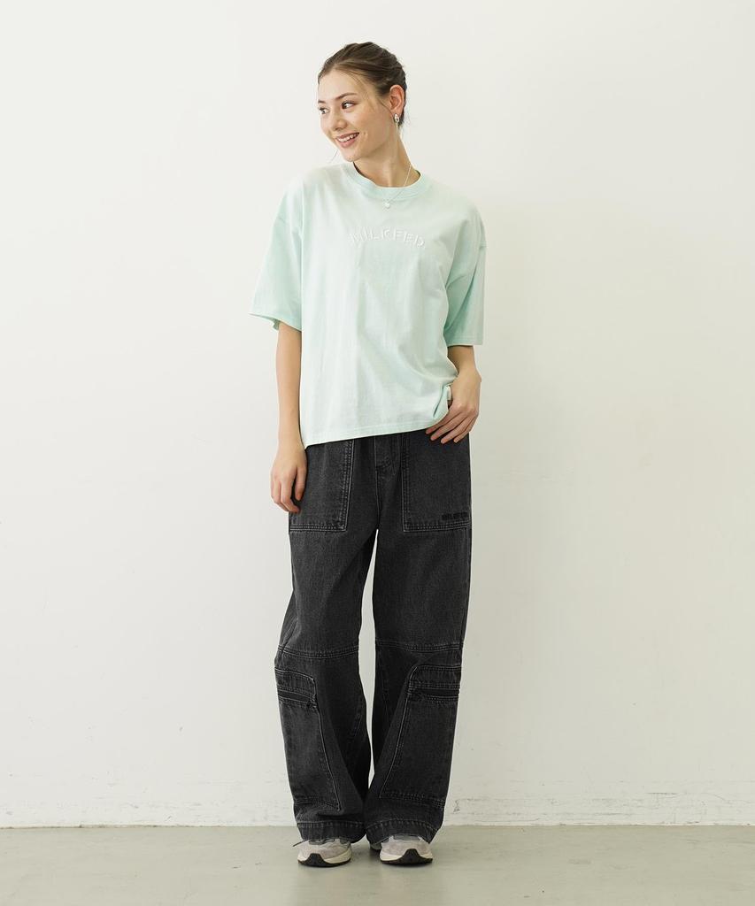 Milkfed Casual Embroidery Arch Stencil Wide Short Sleeve Tee in Light Green Women's