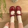 Red Retro Round Head Flat Bottom Small Leather Shoes Women's 2025 New Spring with Skirt Bow French Mary Jane Shoes