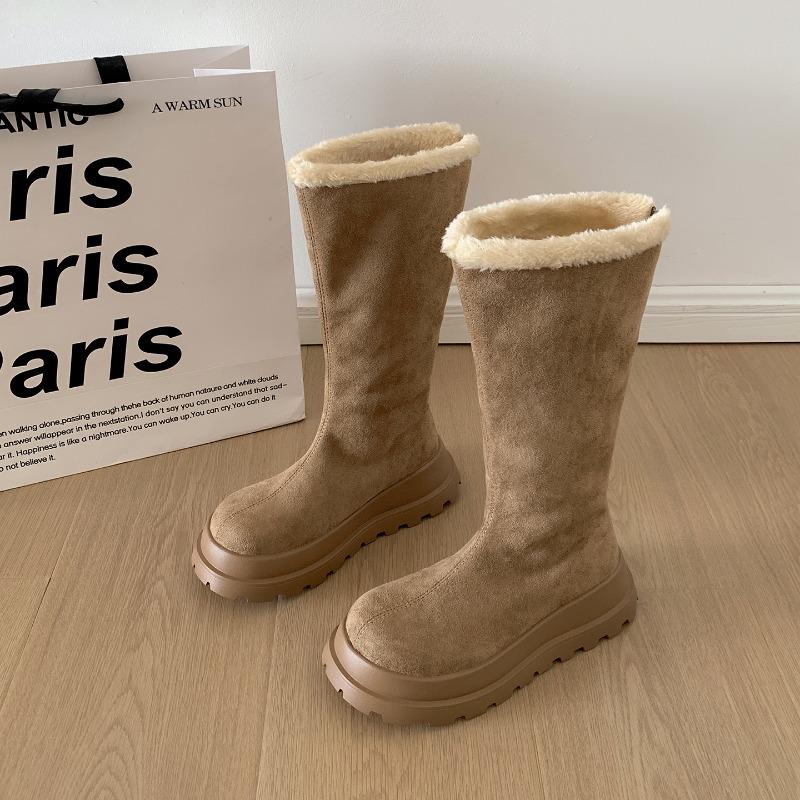 Зимние массивные каблуки на платформе Женские зимние ботинки Лаконичные ботинки на высокой подошве Короткая плюшевая обувь Теплые хлопковые длинные ботильоны Mujer