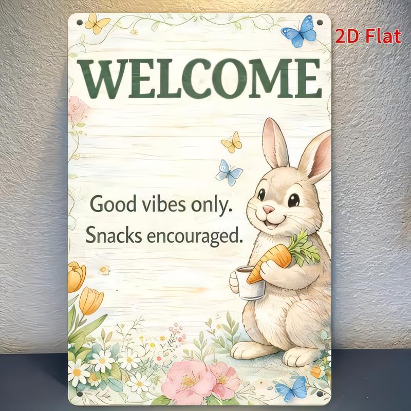Tin Sign Welcome Quote Good Vibes Only Snacks Encouraged Vintage Bunny Flower Butterflies Metal Wall Decor Plaque for Front Doo