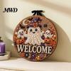 Welcome Sign Halloween Pearl Diamond Art Sign, 2D Flat Rhinestone Painting Craft Entryway Hanging Wooden Ornament, Sparkling Ghost Cat Grim