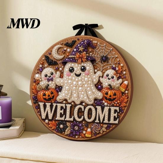 Welcome Sign Halloween Pearl Diamond Art Sign, 2D Flat Rhinestone Painting Craft Entryway Hanging Wooden Ornament, Sparkling Ghost Cat Grim