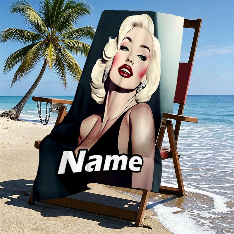 Custom Name Personalized Marilyn Monroe Print Beach Towel, for Trip Camping Beach Party Home Decor, Birthday Gift for Family & Friends
